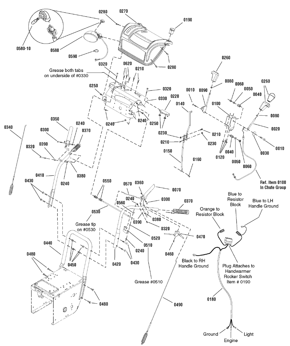 Handles And Controls Group Diagram and Parts List for 1695624-LP18979-1332PE 2009 Briggs and Stratton Snow Blower